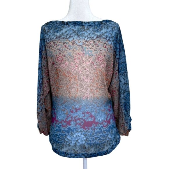 Diane Von Furstenberg Sheer Silk Top Blouse Tassel V-Neck Blue Tan Womens Size 6 - Picture 3 of 7